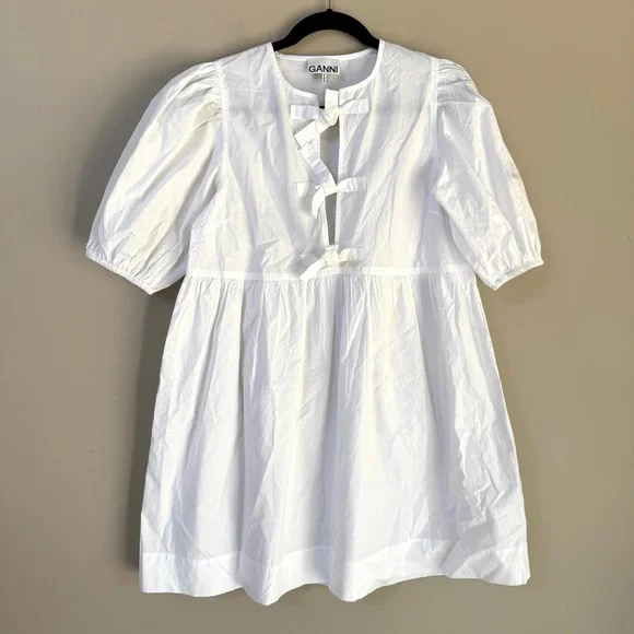 GANNI Cotton Poplin Tie String White Puff Sleeve Mini Dress EU Sz 34 / US sz 2 - Picture 7 of 13